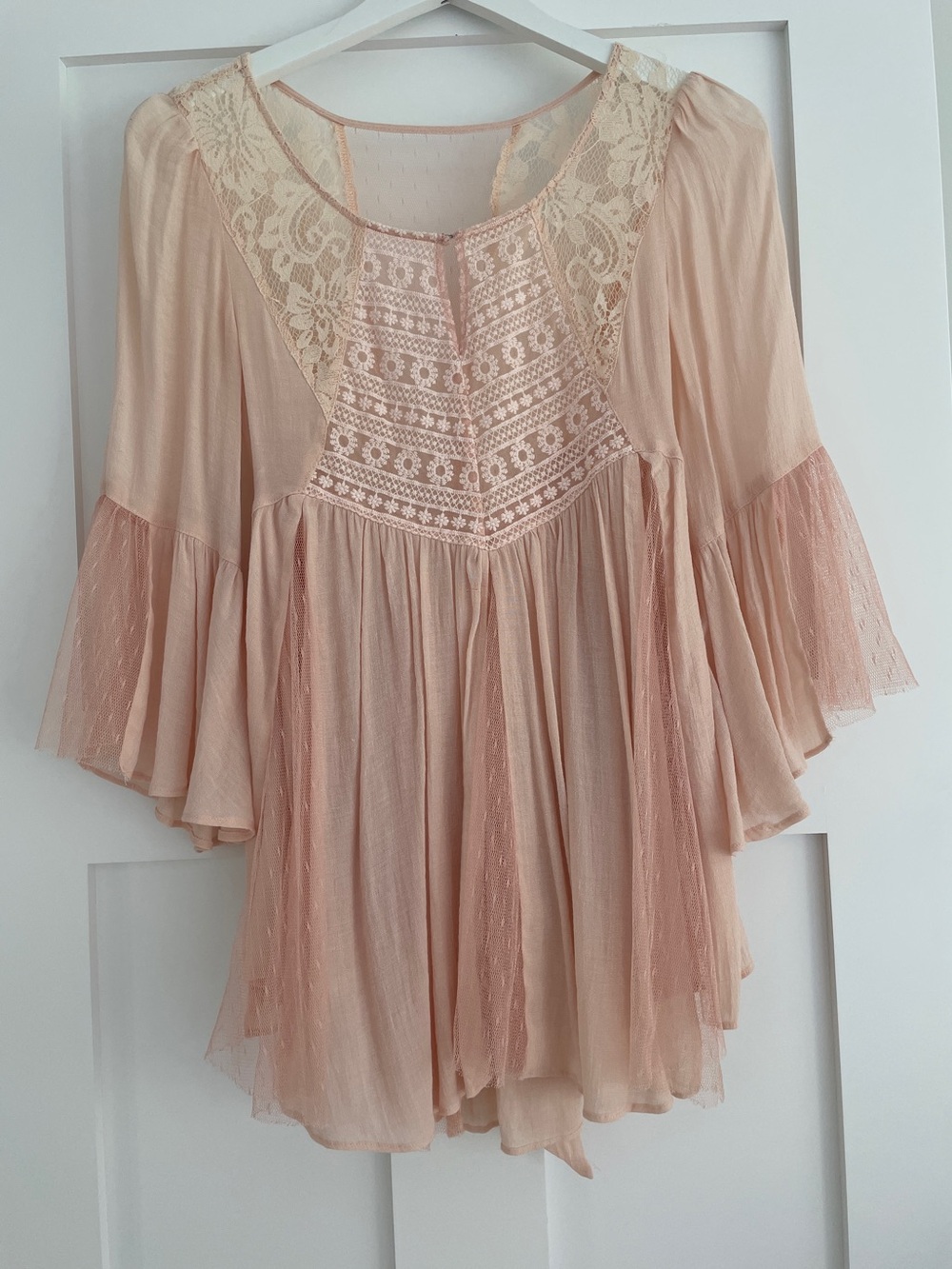 Boutique Boho Lace Yoke Flutter Sleeve Top- Blush